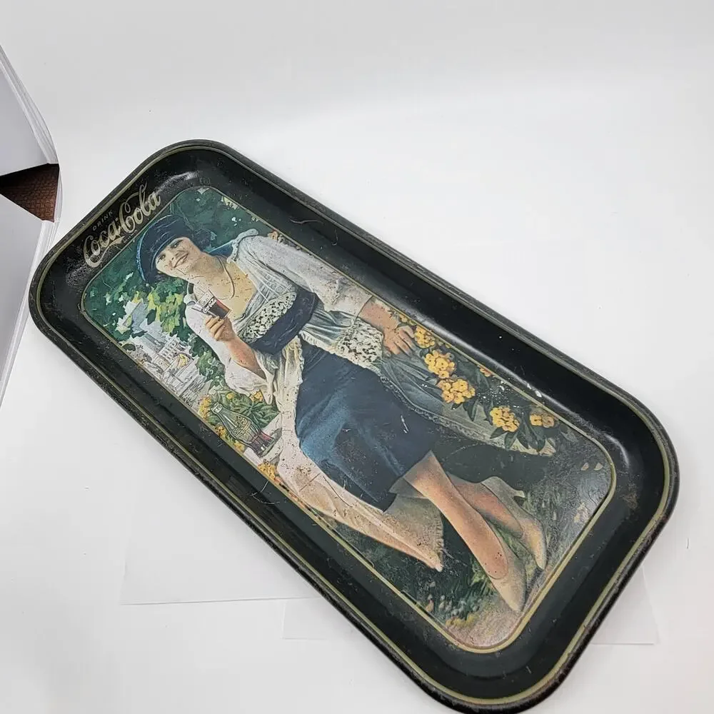 Vtg 1973 COCA COLA Rectangle tin serving tray Retro style flapper girl 8.5x19